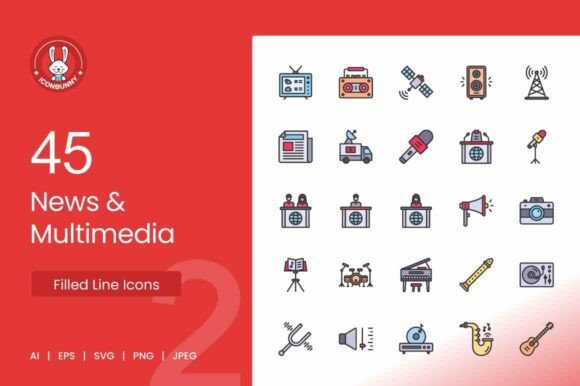 News Multimedia Filled Line Icons Graphics