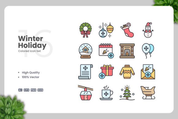 Winter Holiday Colored Icons for Branding
