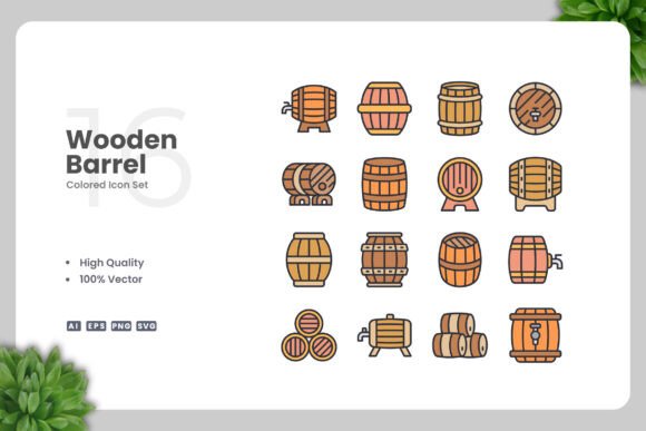 Wooden Barrel Colored Icons for Modern Branding