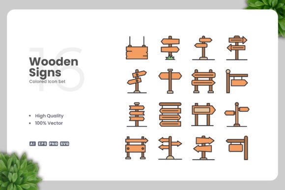 Wooden Signs Colored Icons Graphics
